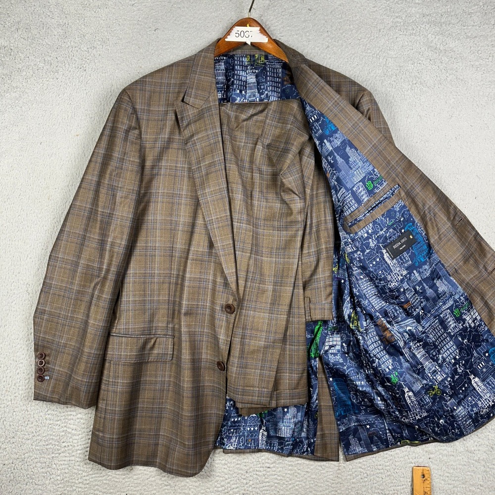 J. Hilburn Reda 1865 Wool 2 Piece Suit Brown Plaid Blue City Lining Mens 51R 39W